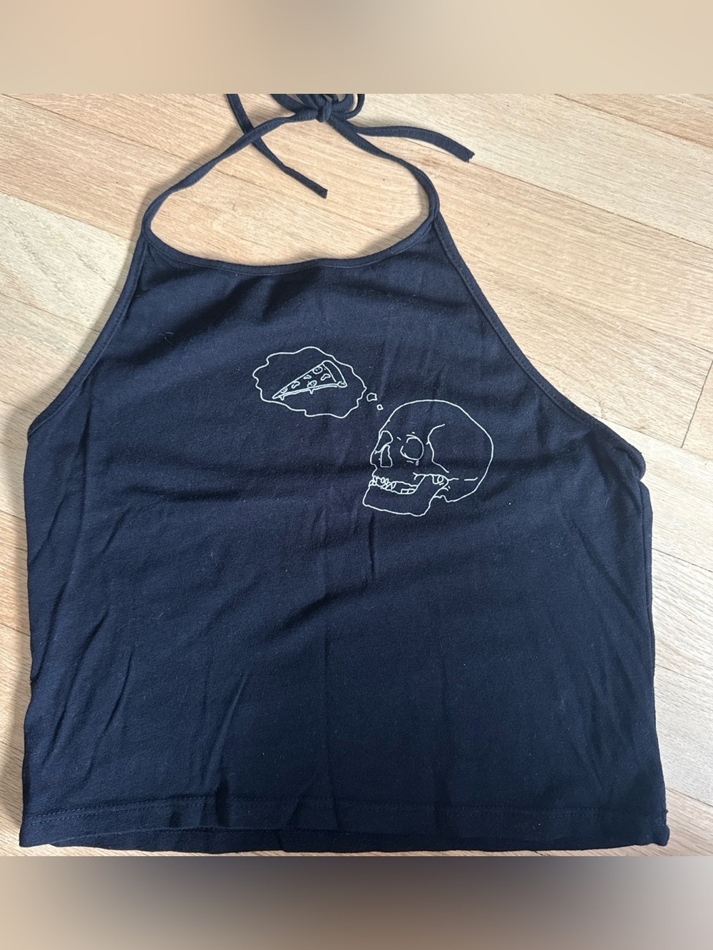 Brandy Melville Black Halter Crop Top with White Skull & Pizza Graphic